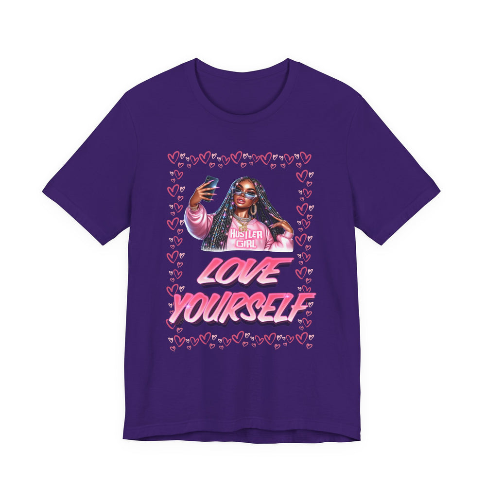 Team Purple t-shirt with a graphic of a woman, text, and hearts on a white background