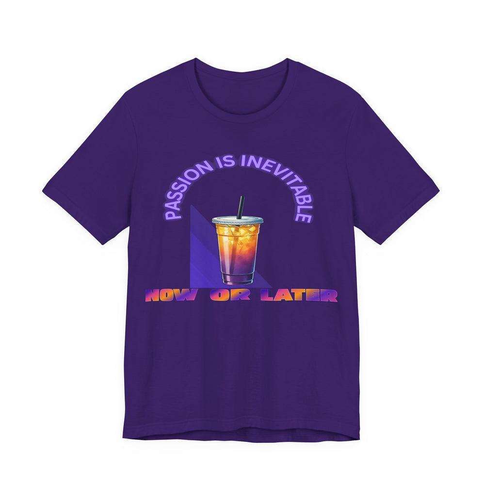 Team Purple t-shirt with a graphic of an iced coffee and text on a white background