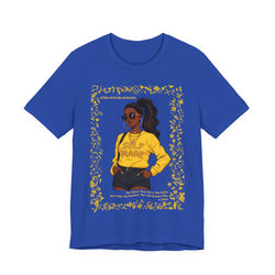 True Royal t-shirt with a graphic of a woman in a yellow shirt and text on a white background