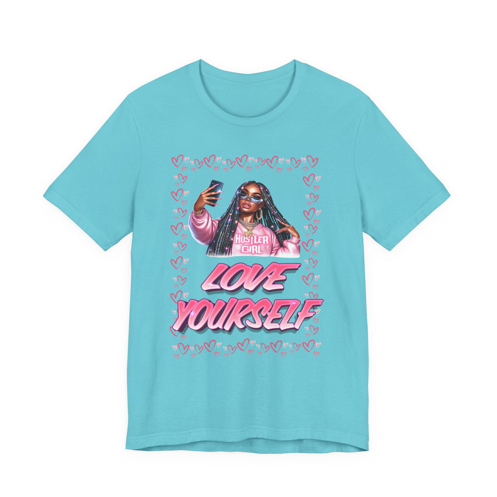 Turquiose blue t-shirt with graphic design and text on a white background