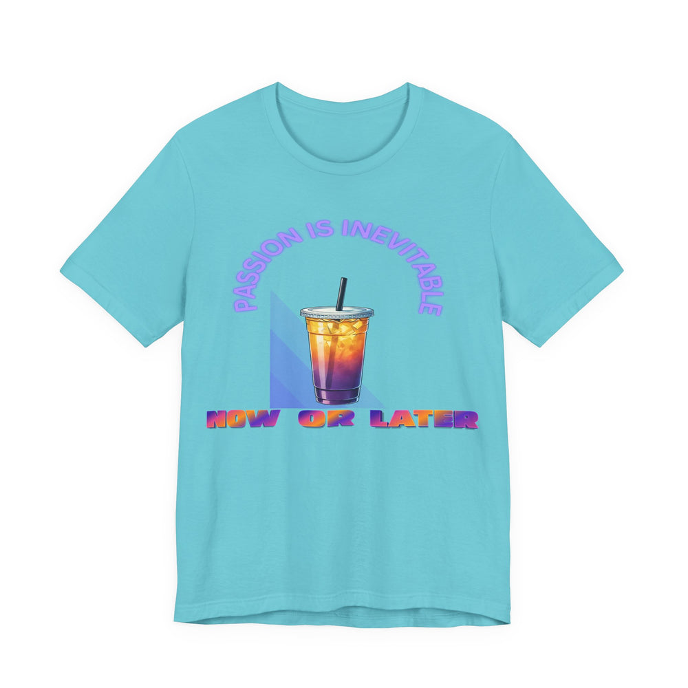 Turquoise blue t-shirt with a graphic of a colorful drink and text on a white background