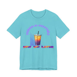 Turquoise blue t-shirt with a graphic of a colorful drink and text on a white background