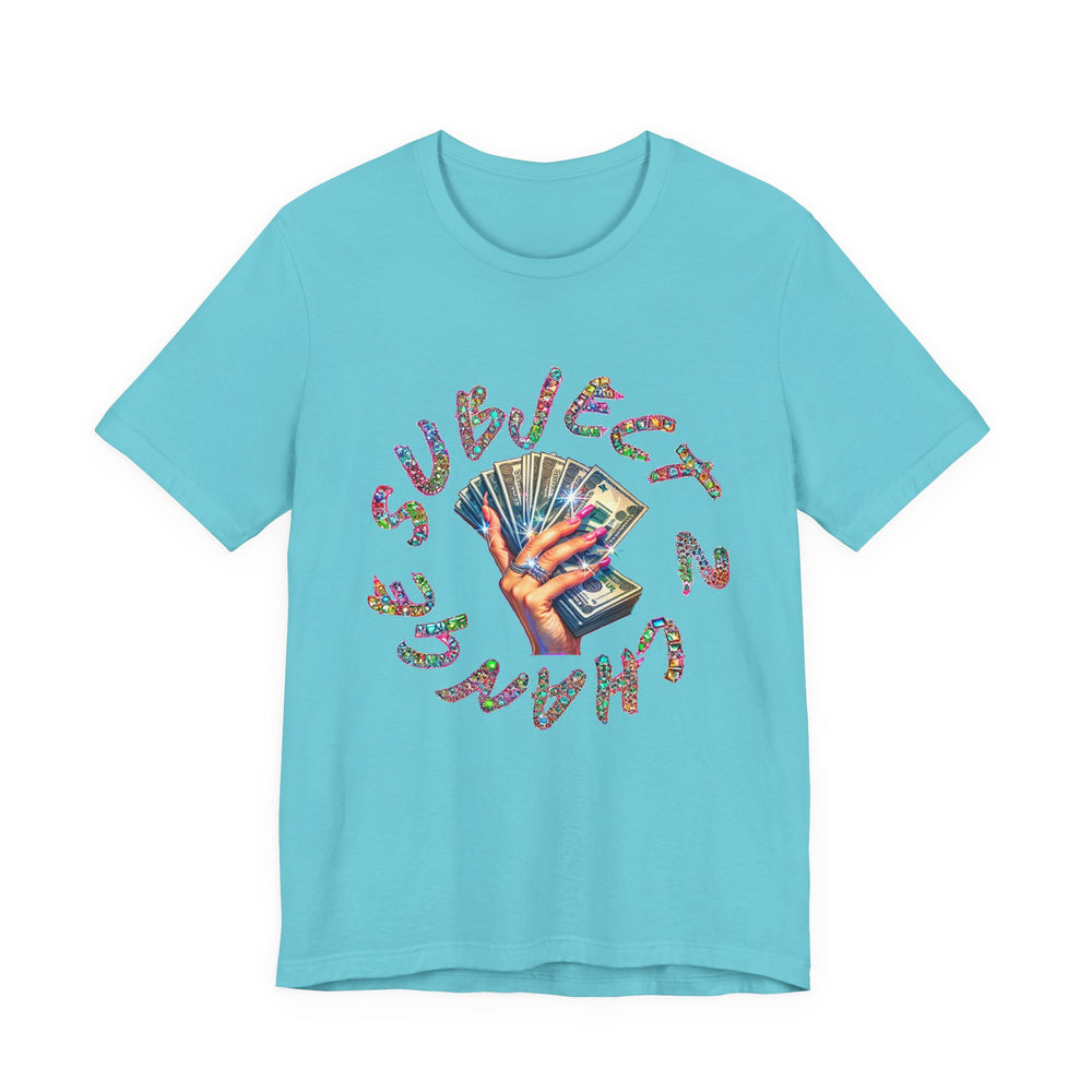 Turquoise t-shirt with colorful graphic design on a white background