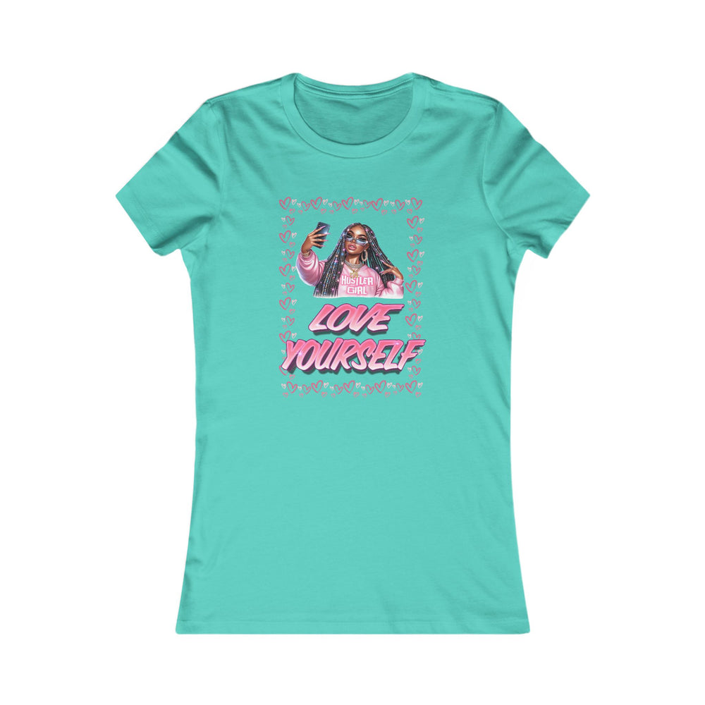 Turquoise t-shirt with graphic design and text on a white background