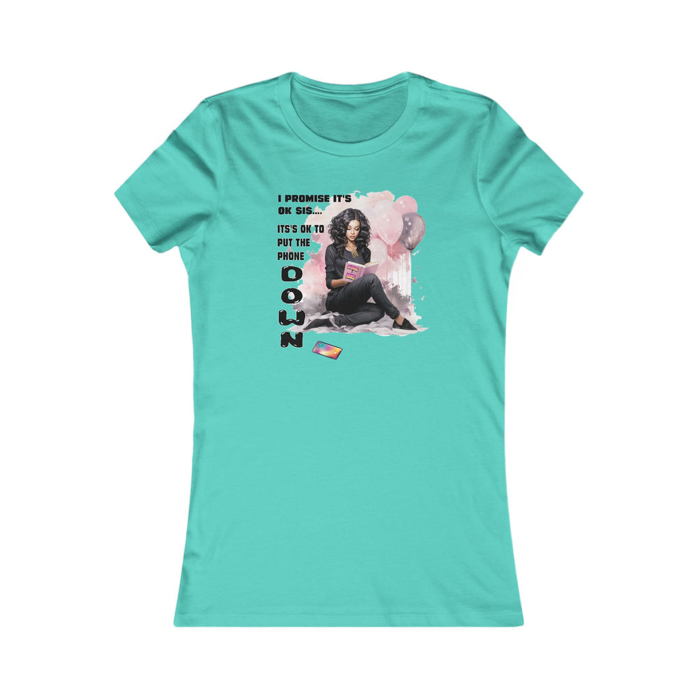 Turquoise t-shirt with graphic design and text on a white background