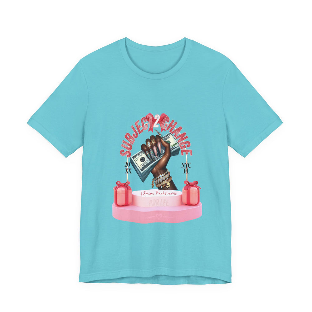 Turquoise t-shirt with graphic design featuring a hand holding money and text on a white background
