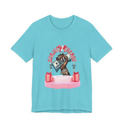 Turquoise t-shirt with graphic design featuring a hand holding money and text on a white background