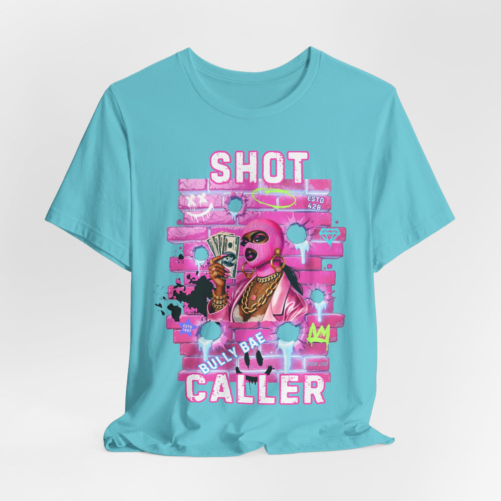 Turquoise t-shirt with pink graphic design and text on a white background