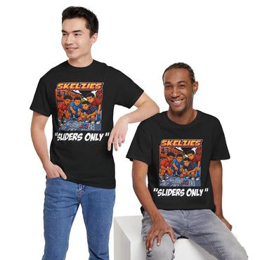 Two people wearing black t-shirts with a colorful graphic and text on a white background