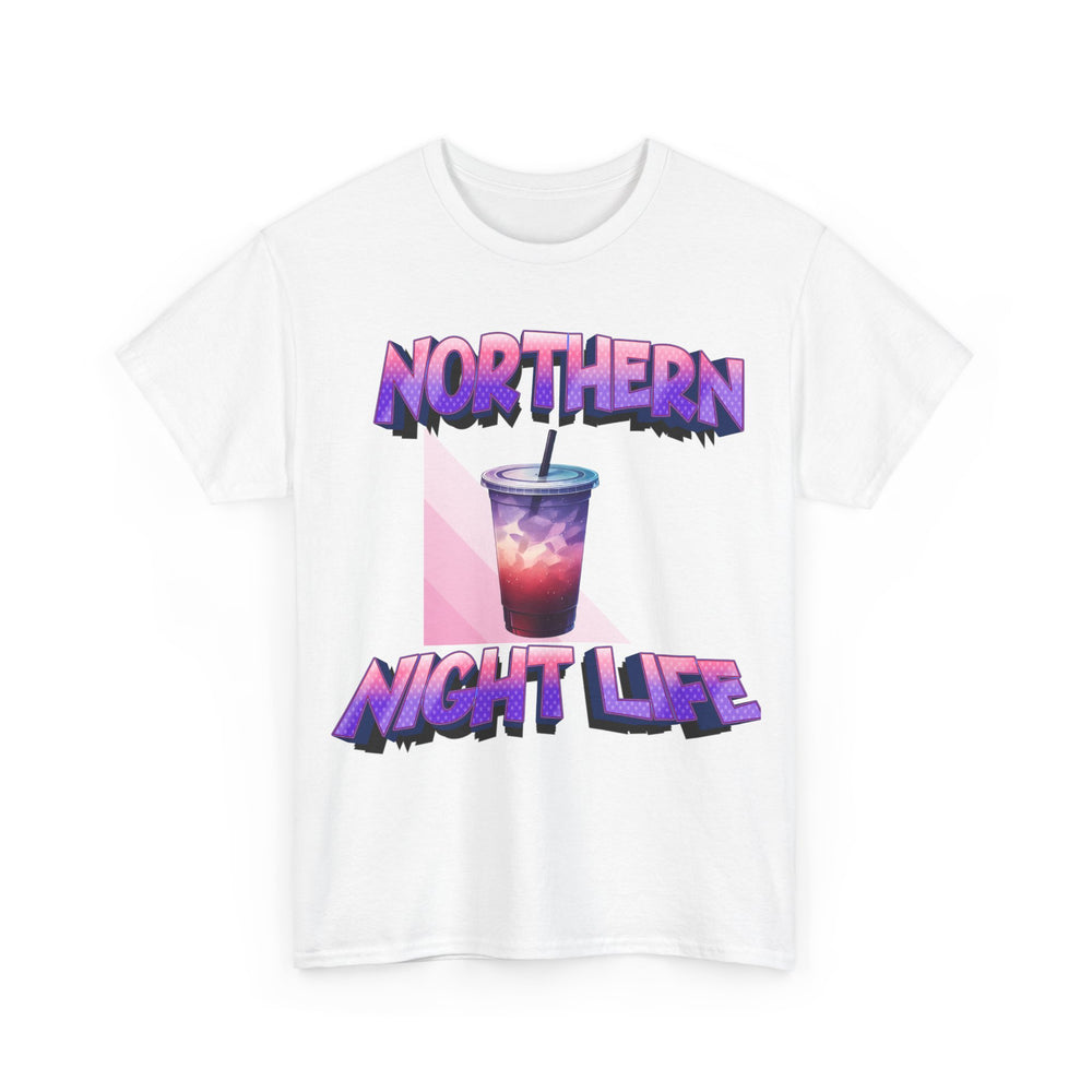 White t-shirt with 'Northern Night Life' graphic design on a white background