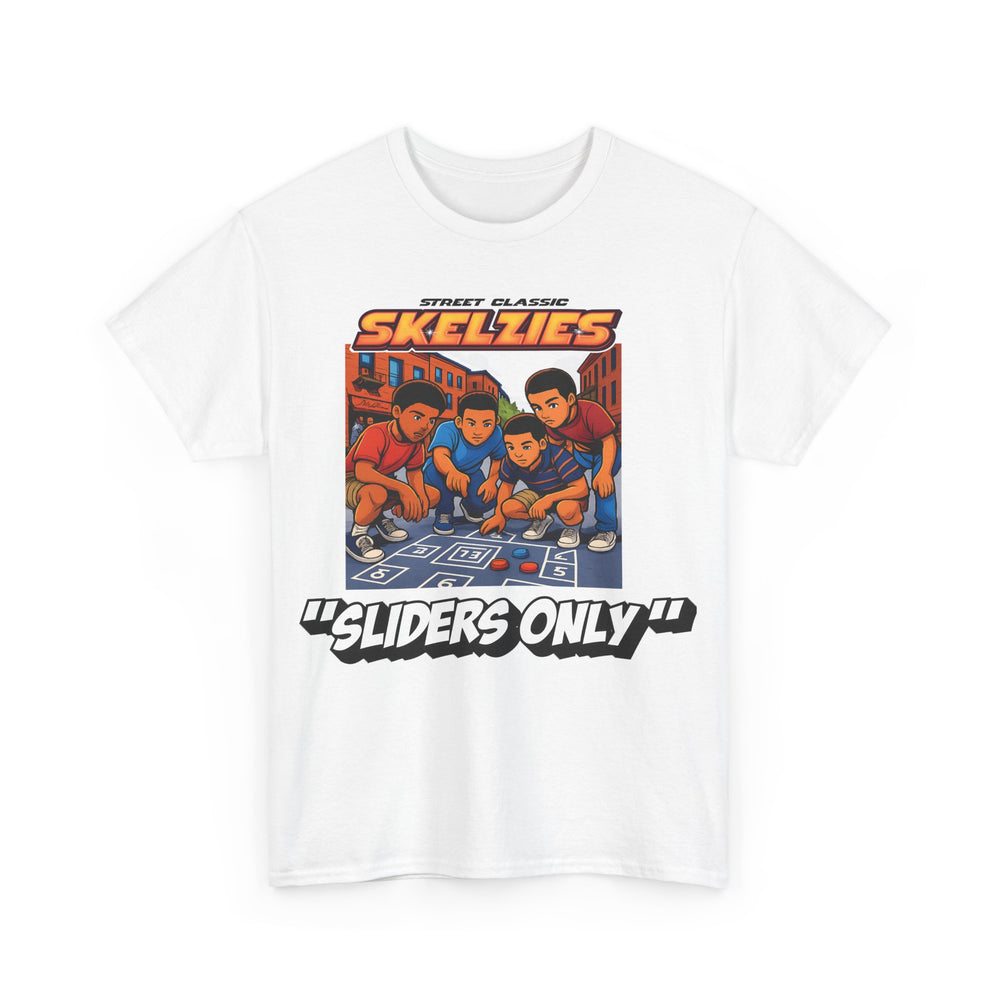White t-shirt with 'Skelzzies' graphic and text on a white background