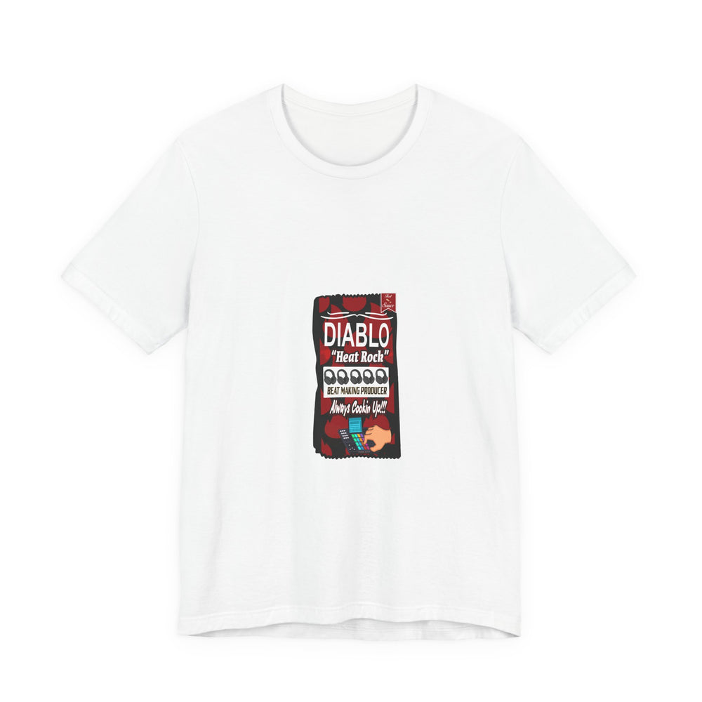White t-shirt with a Diablo hot sauce label graphic on a white background
