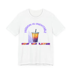 White t-shirt with a colorful drink graphic and text on a white background