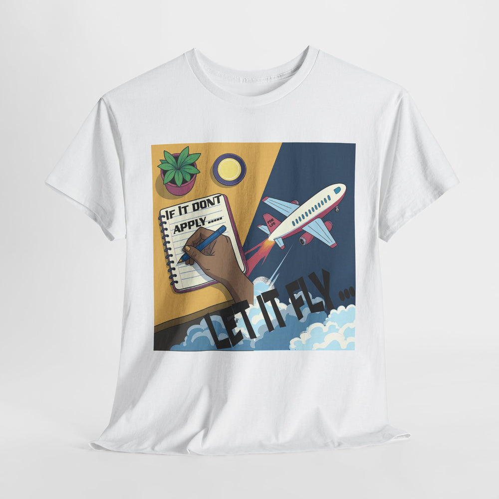 White t-shirt with a colorful graphic design on a white background