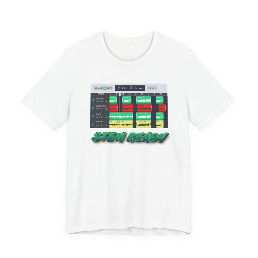 White t-shirt with a graphic design and text on a white background
