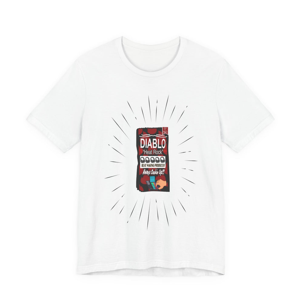 White t-shirt with a graphic design featuring a box labeled 'Diablo' on a white background