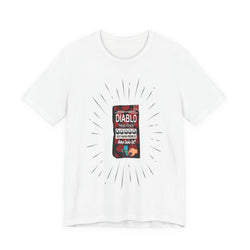 White t-shirt with a graphic design featuring a box labeled 'Diablo' on a white background