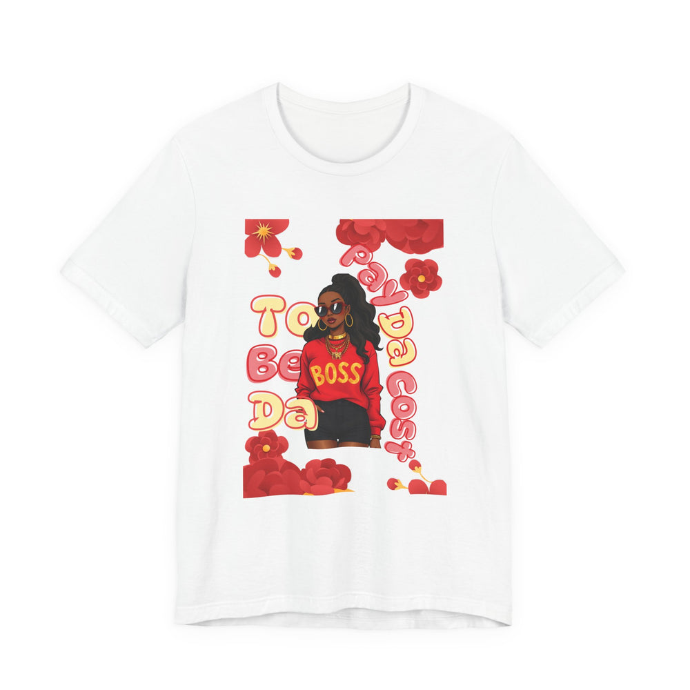 White t-shirt with a graphic design featuring a person in a red outfit and text on a white background