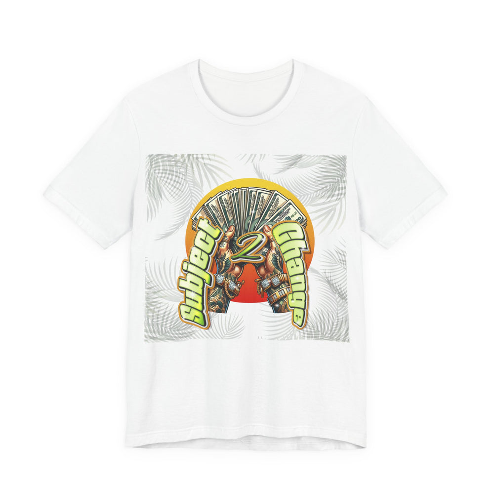 White t-shirt with a graphic design featuring text and images on a white background