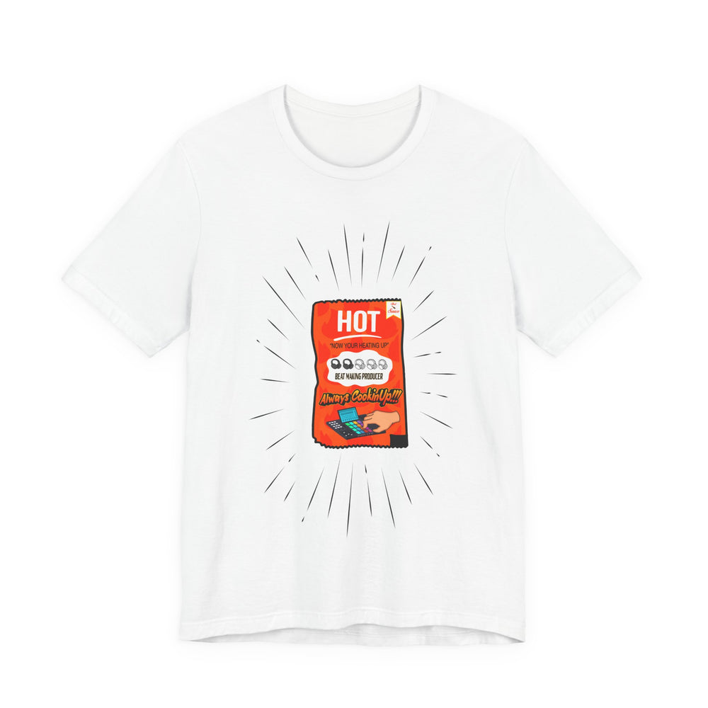 White t-shirt with a graphic of a hot sauce packet on a white background