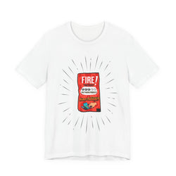 White t-shirt with a graphic of a red snack packet labeled 'FIRE!' on a white background
