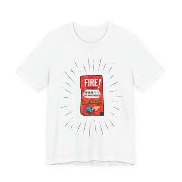 White t-shirt with a graphic of a red snack packet labeled 'FIRE!' on a white background