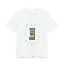 White t-shirt with a graphic of a salsa packet on a white background