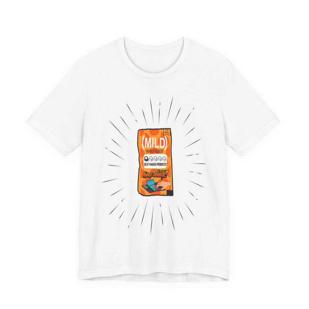 White t-shirt with a graphic of a snack packet and 'Mild' text on a white background