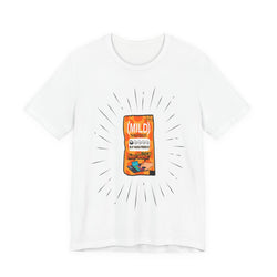 White t-shirt with a graphic of a snack packet and 'Mild' text on a white background