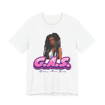 White t-shirt with a graphic of a woman and 'G.A.S.' 4 text on a white background