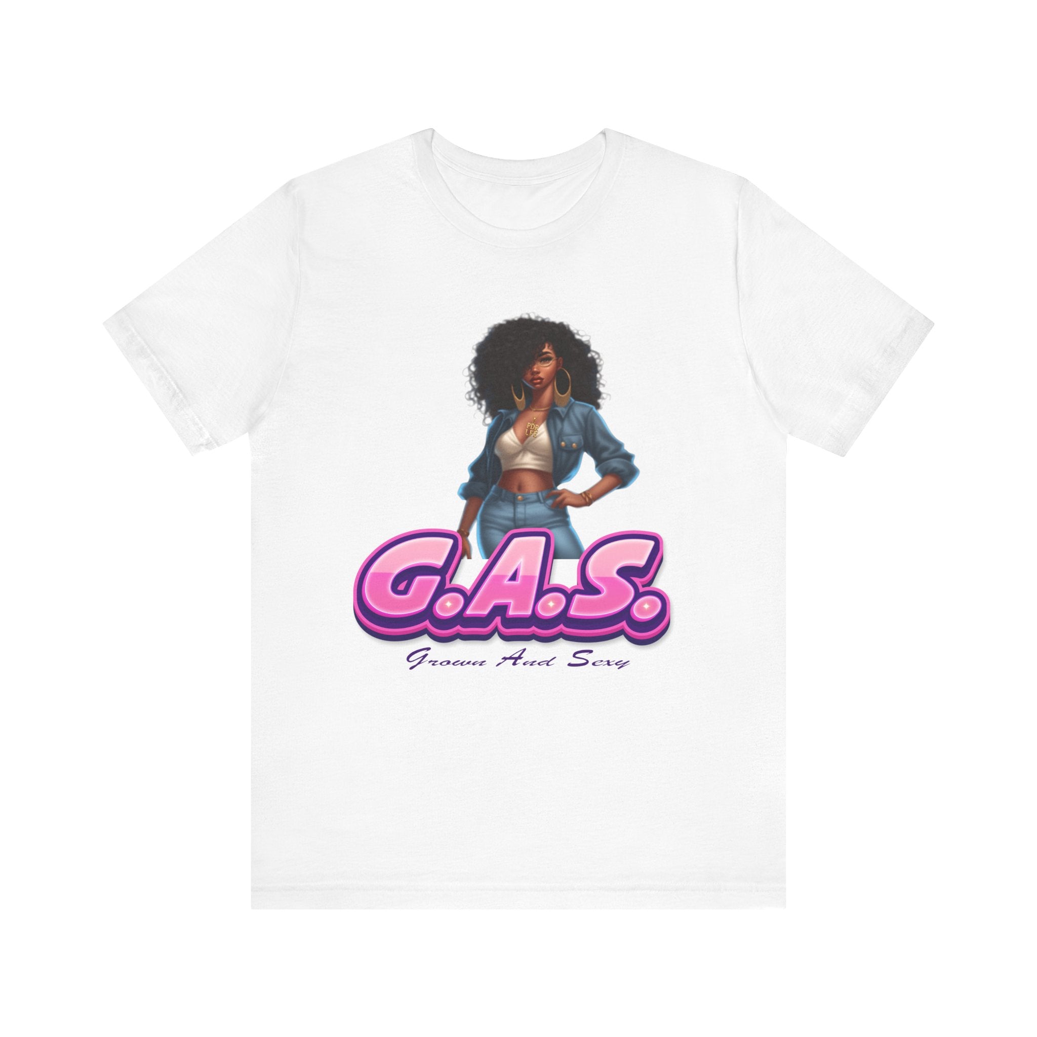 White t-shirt with a graphic of a woman and 'G.A.S.' text on a white background