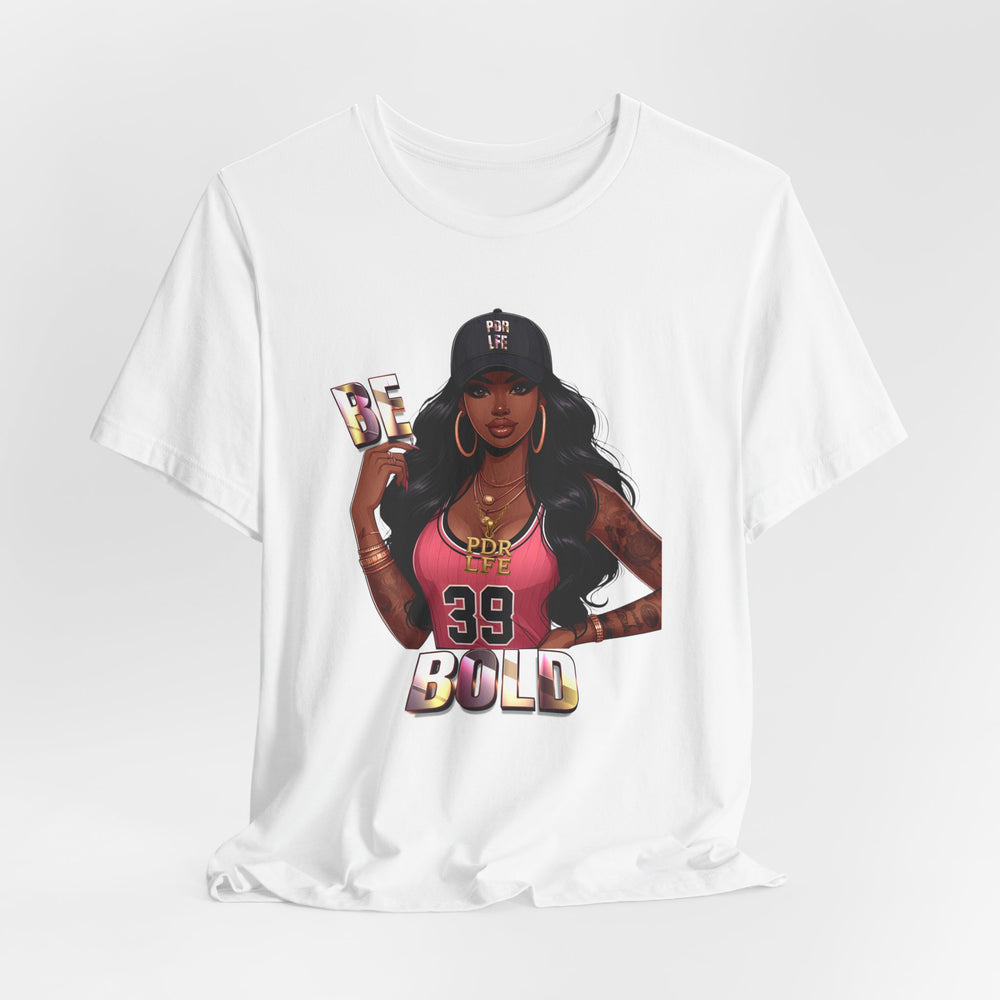 White t-shirt with a graphic of a woman and text on a white background