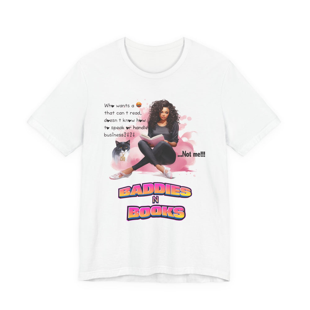 White t-shirt with a graphic of a woman, cat, and text on a white background