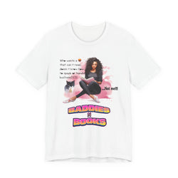 White t-shirt with a graphic of a woman, cat, and text on a white background