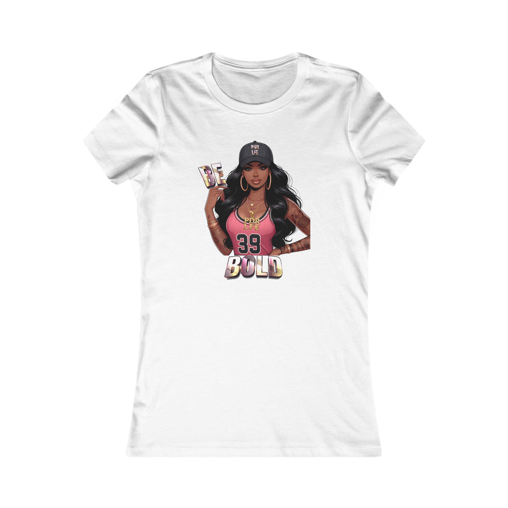 White t-shirt with a graphic of a woman holding a basketball and the word 'BOLD' on a white background