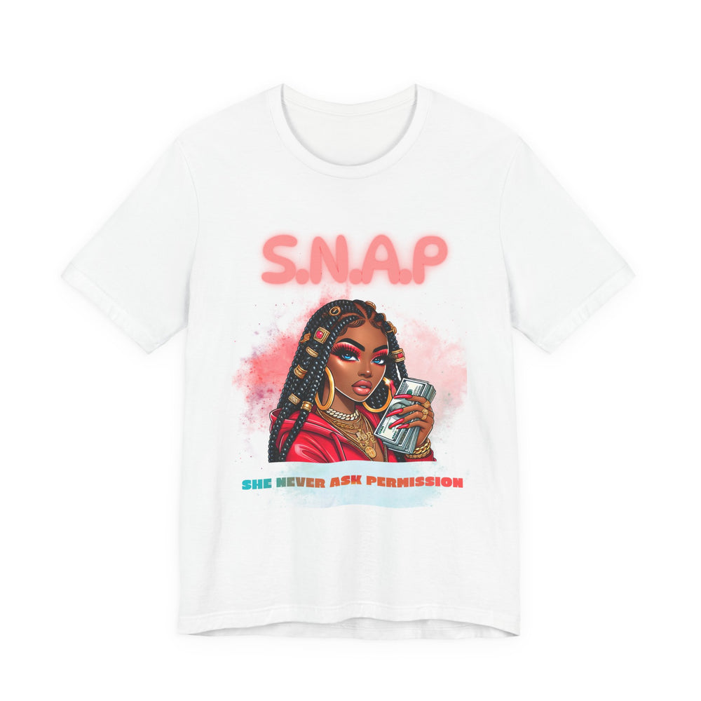 White t-shirt with a graphic of a woman holding a phone and text 'SNAP SHE NEVER ASK PERMISSION' on a white background.