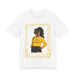 White t-shirt with a graphic of a woman in a yellow shirt labeled 'Self Made' on a white background