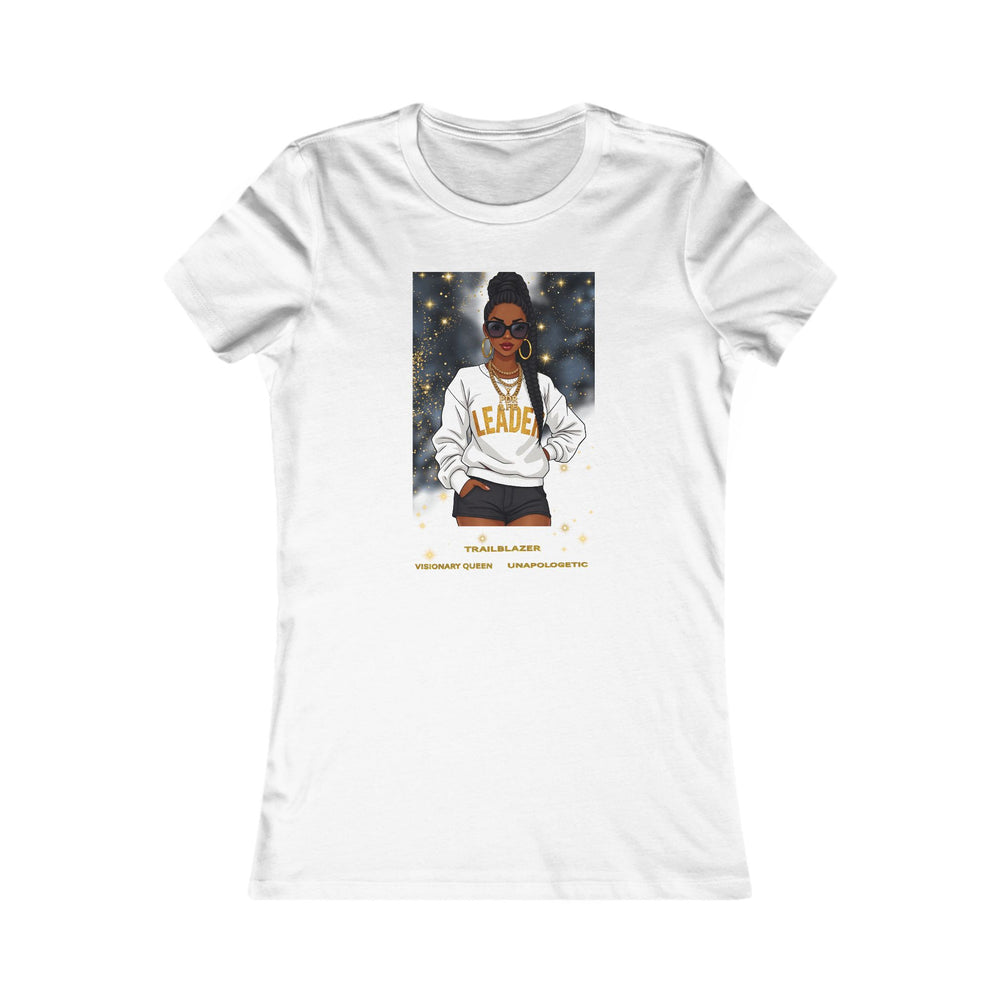 White t-shirt with a graphic of a woman wearing a sweatshirt labeled 'Leader' on a white background