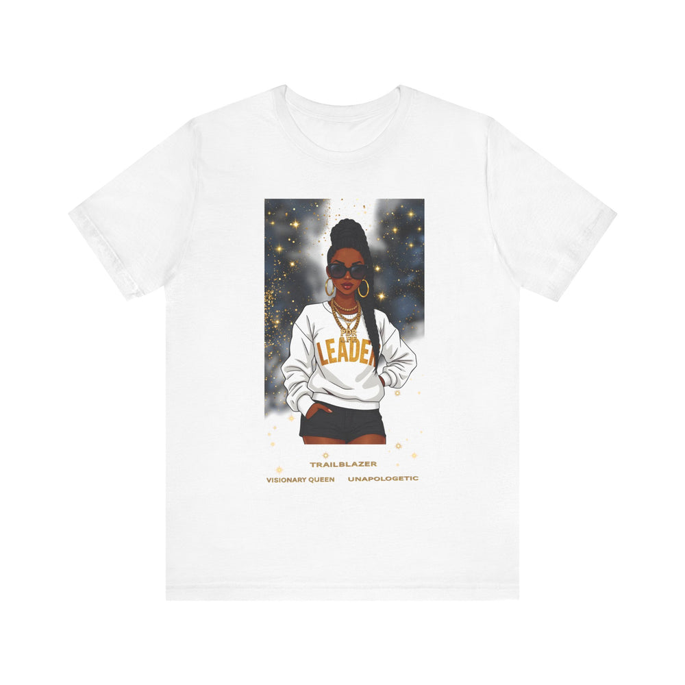 White t-shirt with a graphic of a woman wearing sunglasses and a 'Leader' sweatshirt on a white background.