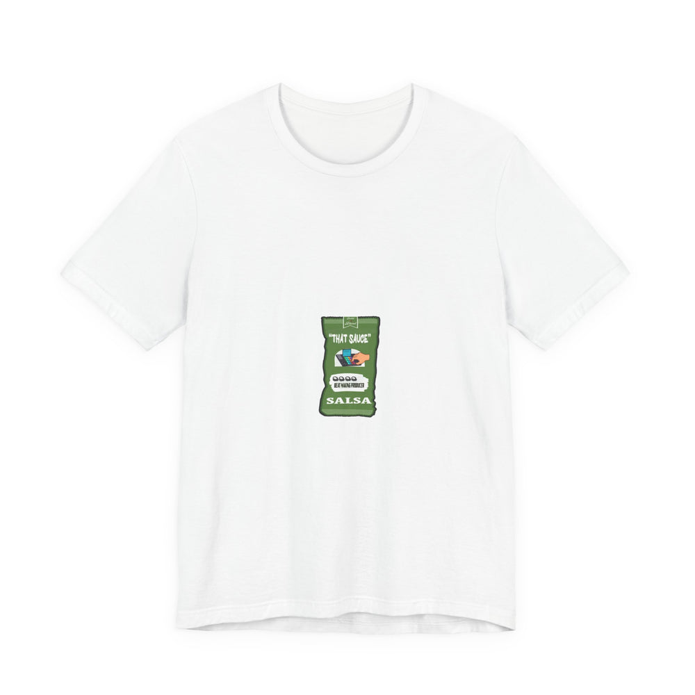 White t-shirt with a salsa packet graphic on a white background