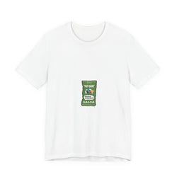 White t-shirt with a salsa packet graphic on a white background