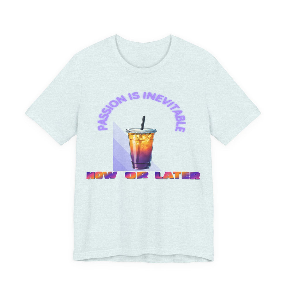 White t-shirt with colorful graphic and text on a white background