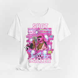 White t-shirt with colorful graphic design and text on a white background