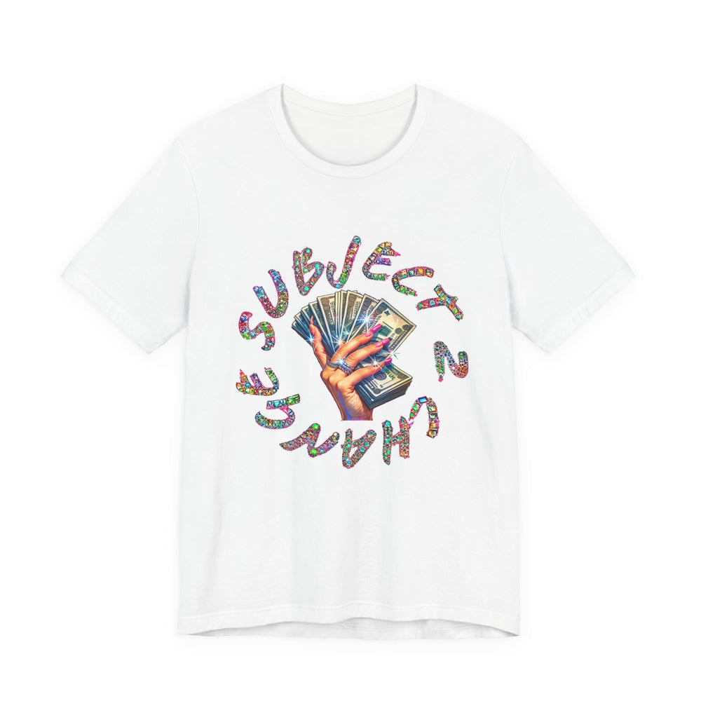 White t-shirt with colorful graphic design and text on a white background