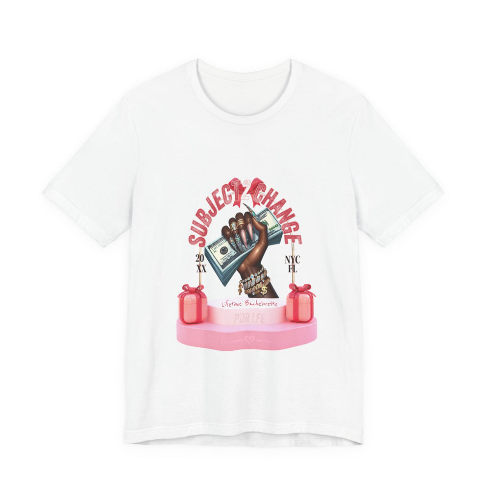 White t-shirt with graphic design featuring a hand holding money and text on a white background