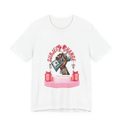 White t-shirt with graphic design featuring a hand holding money and text on a white background