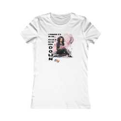 White t-shirt with graphic design of a woman and text on a white background