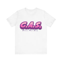 White t-shirt with pink 'G.A.S.' logo on a white background