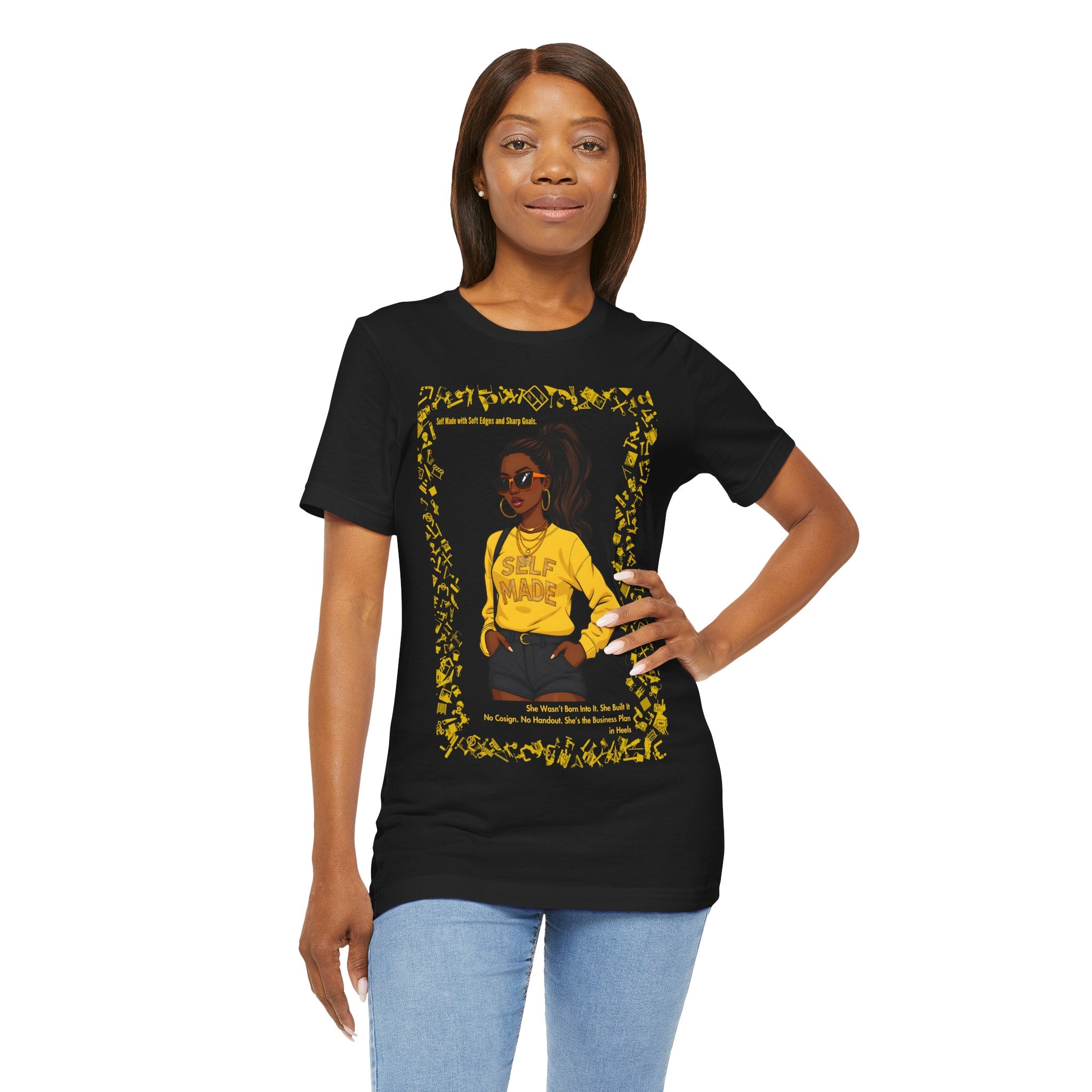 Woman wearing a SELF MADE t-shirt with a graphic design on a white background
