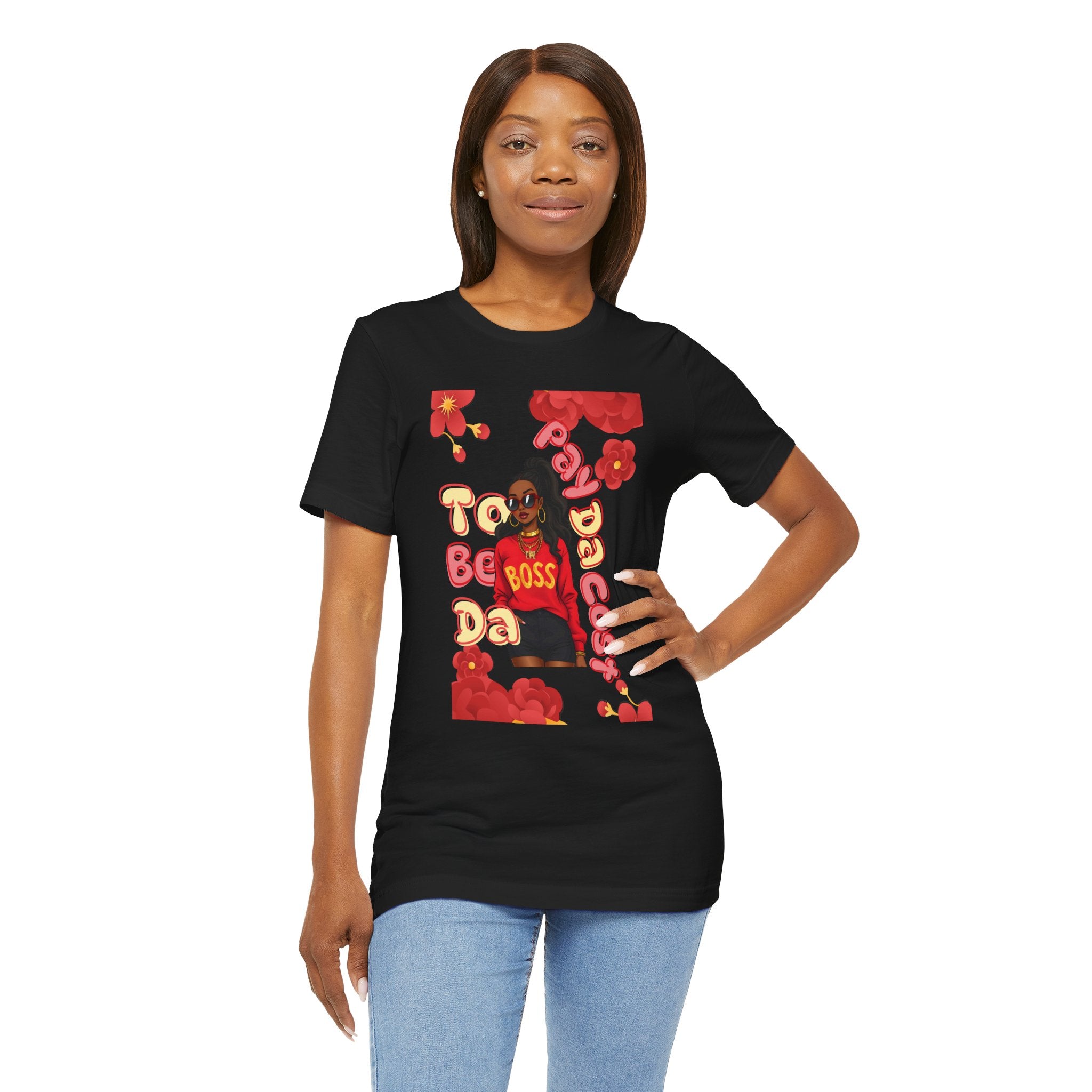 Woman wearing a black t-shirt with colorful graphics and text on a white background